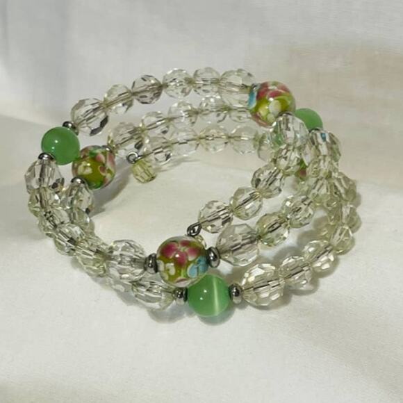 Multi-wrap Memory Wire Green, Light Green, & Floral Glass Bead Bracelet - Picture 1 of 3